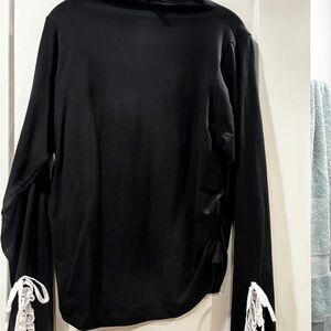 Maeve Anthropologie mock neck ruched sleeve Black Top with White Accents
